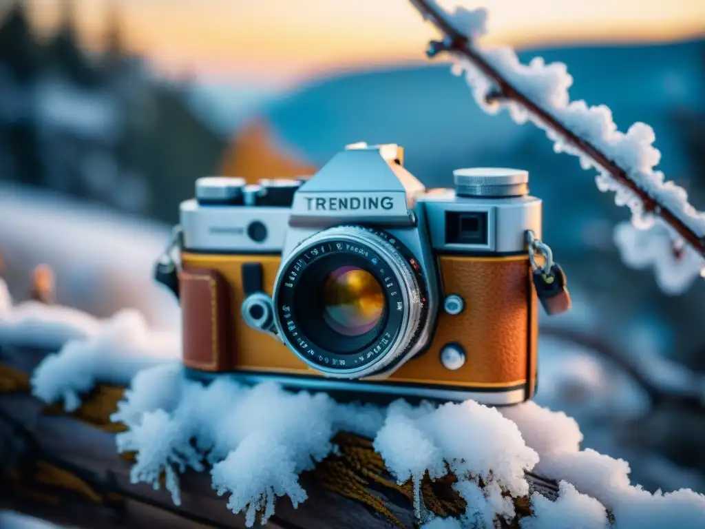 Antigua cámara cubierta de escarcha en rama nevada al amanecer invernal, equipo fotográfico en bajas temperaturas