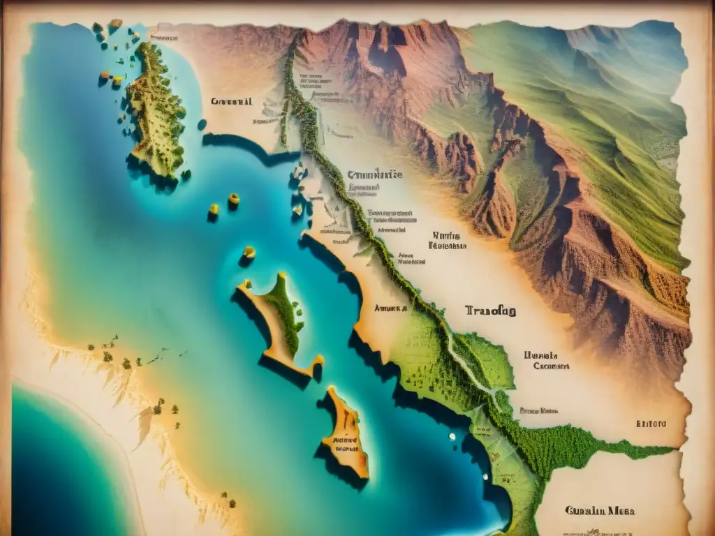 Antigua cartografía en culturas nómadas: un mapa detallado en pergamino desgastado, con rutas de caravanas y patrones de viento