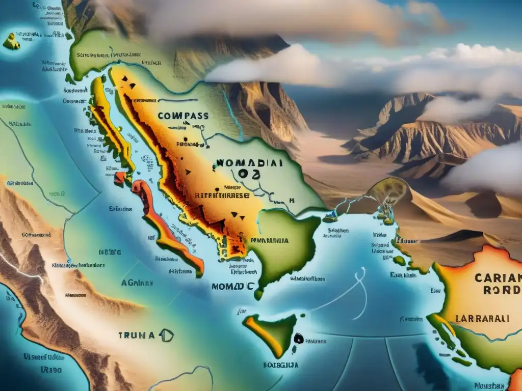 Antigua cartografía en culturas nómadas: rutas y tribus marcadas en un mapa envejecido con símbolos y detalles misteriosos