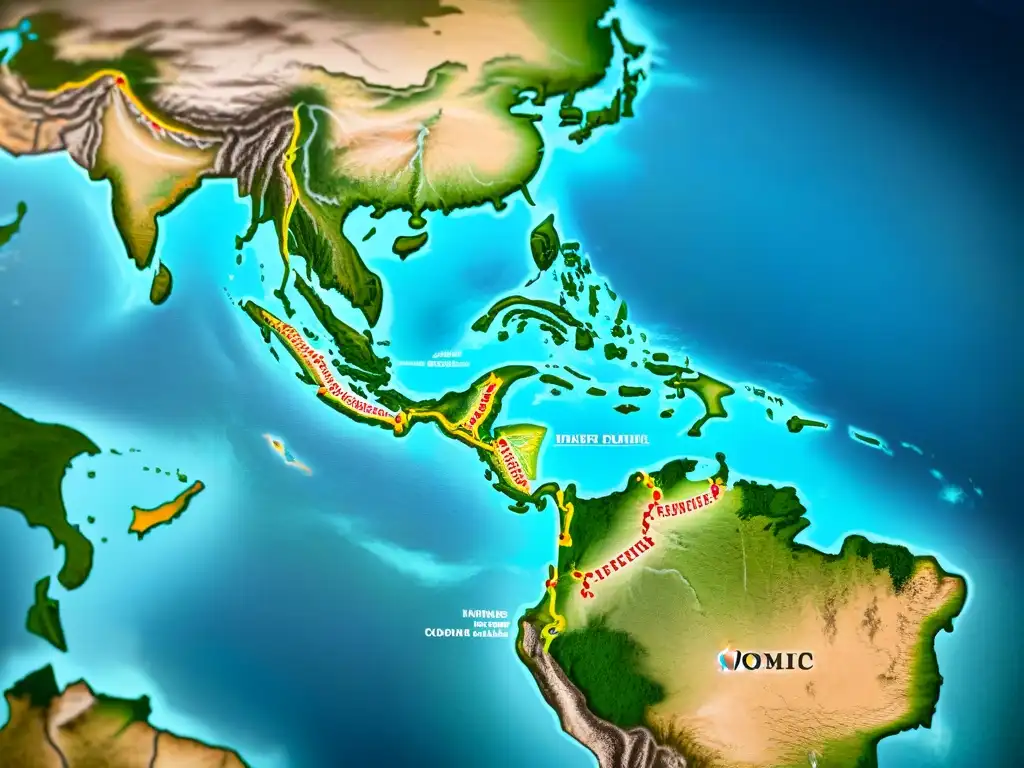 Una antigua representación detallada de las rutas migratorias de asentamientos nómadas a lo largo de la historia, con ilustraciones de tribus nómadas, tiendas y animales pastoreados