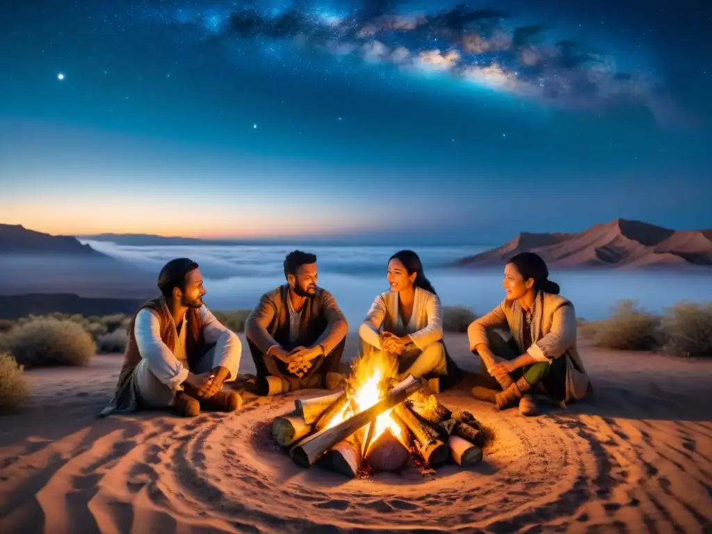 Antigua foto de tribus nómadas alrededor de fogata bajo cielo estrellado