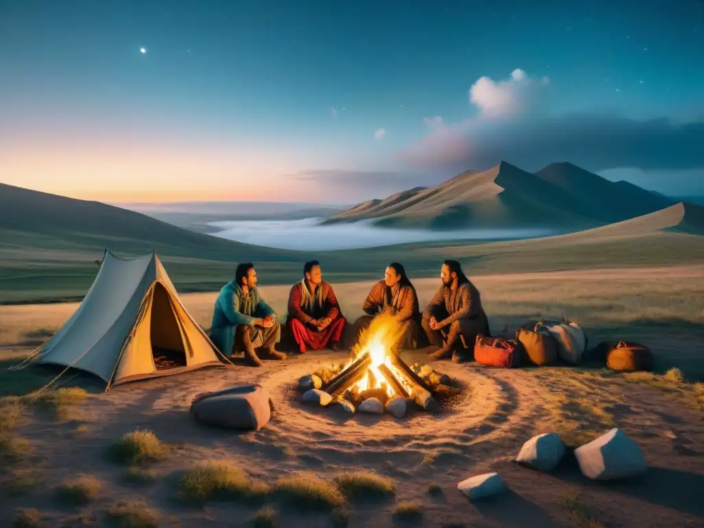 Reunión mística en las estepas: tribu nómada y el lobo Antigua ilustración de tribu nómada junto a fogata bajo cielo estrellado, con lobo misterioso