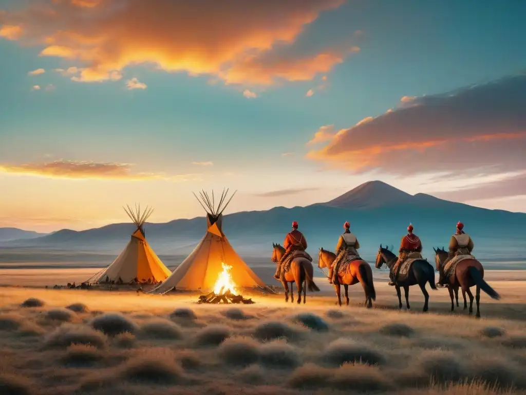 Descubre las antiguas lenguas nómadas descifradas en una ilustración vintage de una estepa al atardecer con tribu en ceremonia