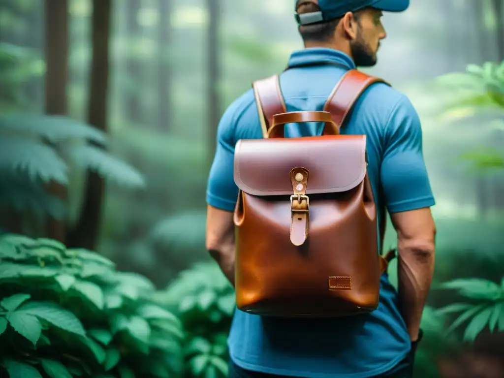 Antiguo cantimplora de cuero colgando de mochila en bosque soleado, rodeado de vegetación exuberante