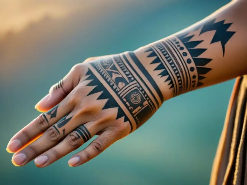 Un antiguo y detallado tatuaje tribal en una mano desgastada, simbolizando identidad y tradición entre las tribus nómadas