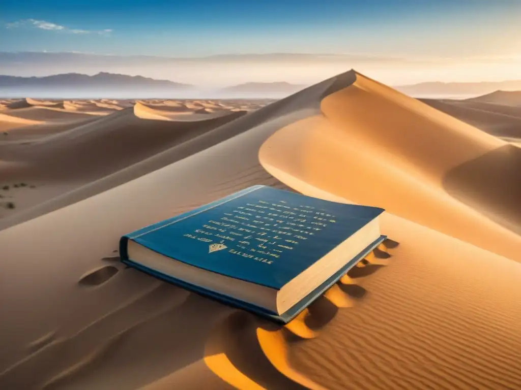 Un antiguo libro semienterrado en un vasto desierto, evocando misterio y aventura literaria en un paisaje nómada