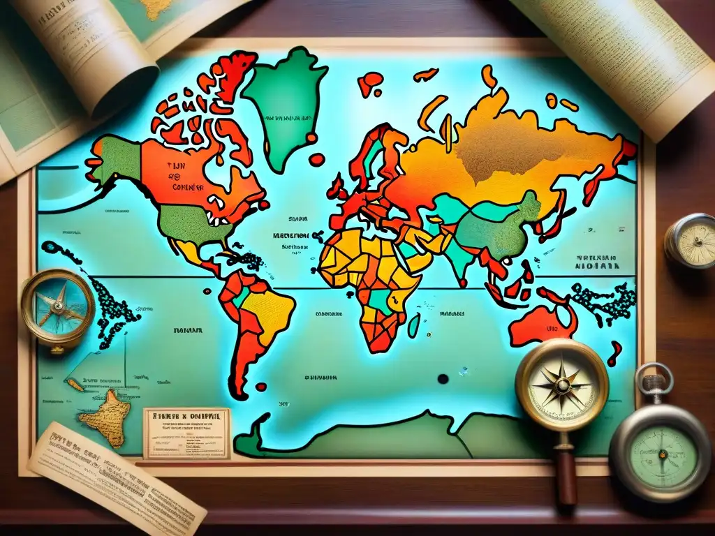 Un antiguo mapa desplegado en una mesa, con detalles de rutas y destinos, rodeado de herramientas de navegación