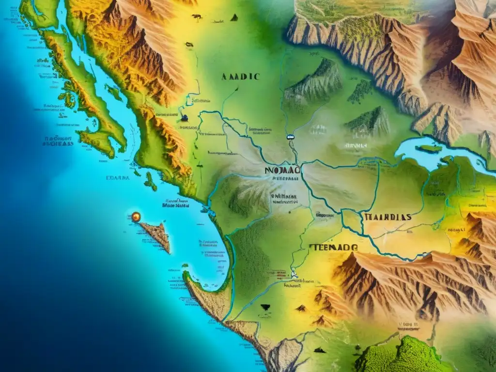 Un antiguo mapa detallado que muestra la administración de territorios por tribus nómadas, con paisajes diversos y rutas de comercio