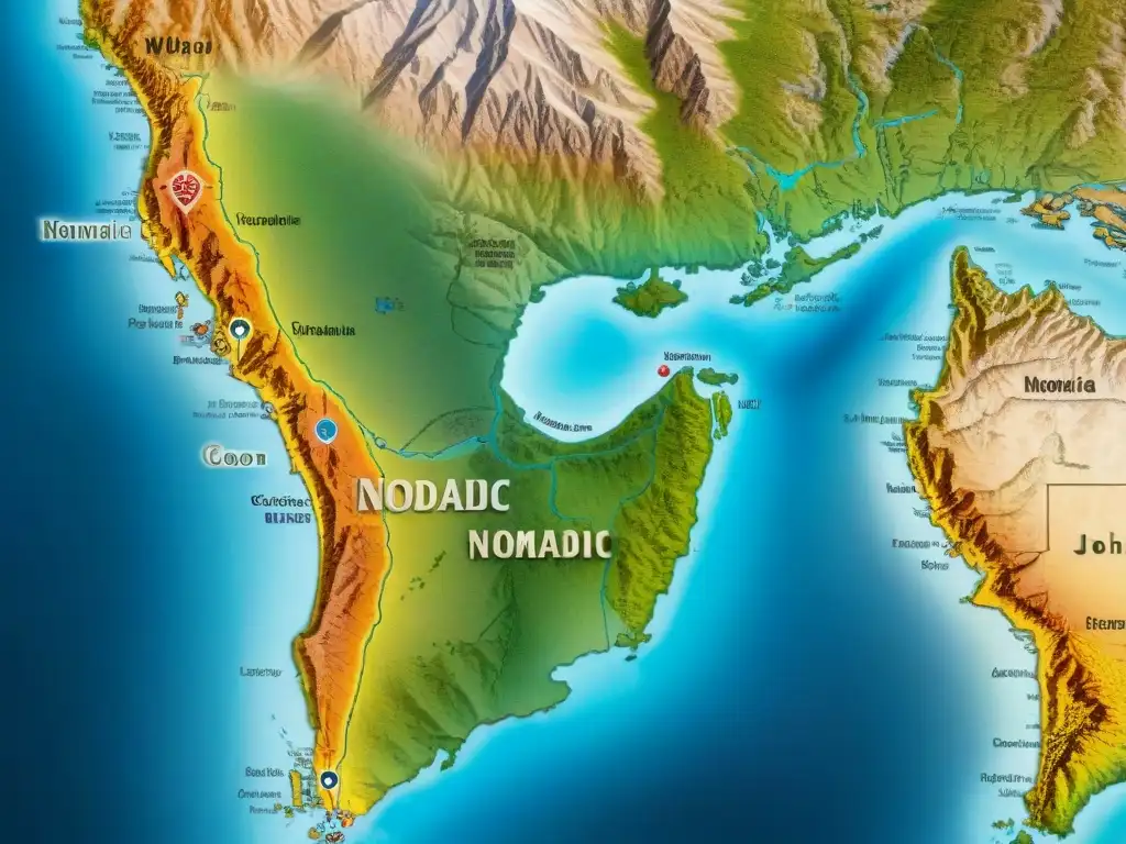 Antiguo mapa detallado mostrando los caminos de tribus nómadas y su legado cultural en paisajes diversos