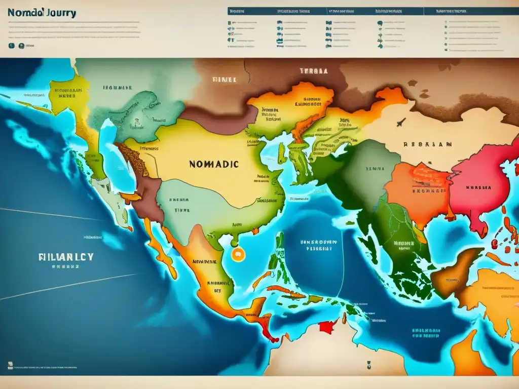 Un antiguo mapa detallado con diplomacia nómada, tácticas de guerra y paisajes cambiantes