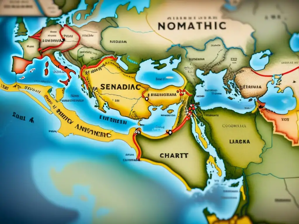 Un antiguo mapa detallado de interacciones y rutas políticas entre nómadas y sedentarios, en pergamino envejecido