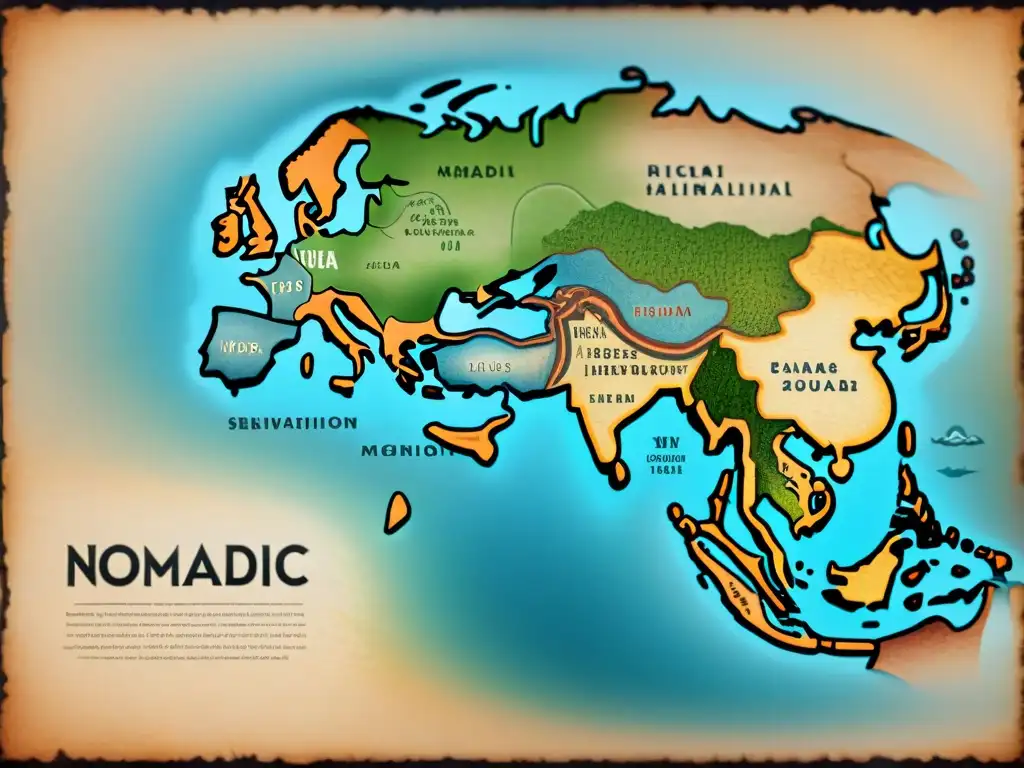 Antiguo mapa detallado de migraciones nómadas, con influencia en idiomas y culturas