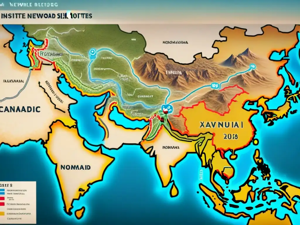 Un antiguo mapa detallado muestra la red de rutas comerciales en la Ruta de la Seda, con tribus nómadas, caravanas de camellos y mercados bulliciosos