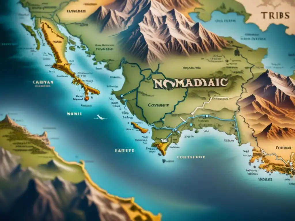 Un antiguo mapa detallado de redes diplomáticas entre tribus nómadas, con tonos terrosos y caligrafía intrincada