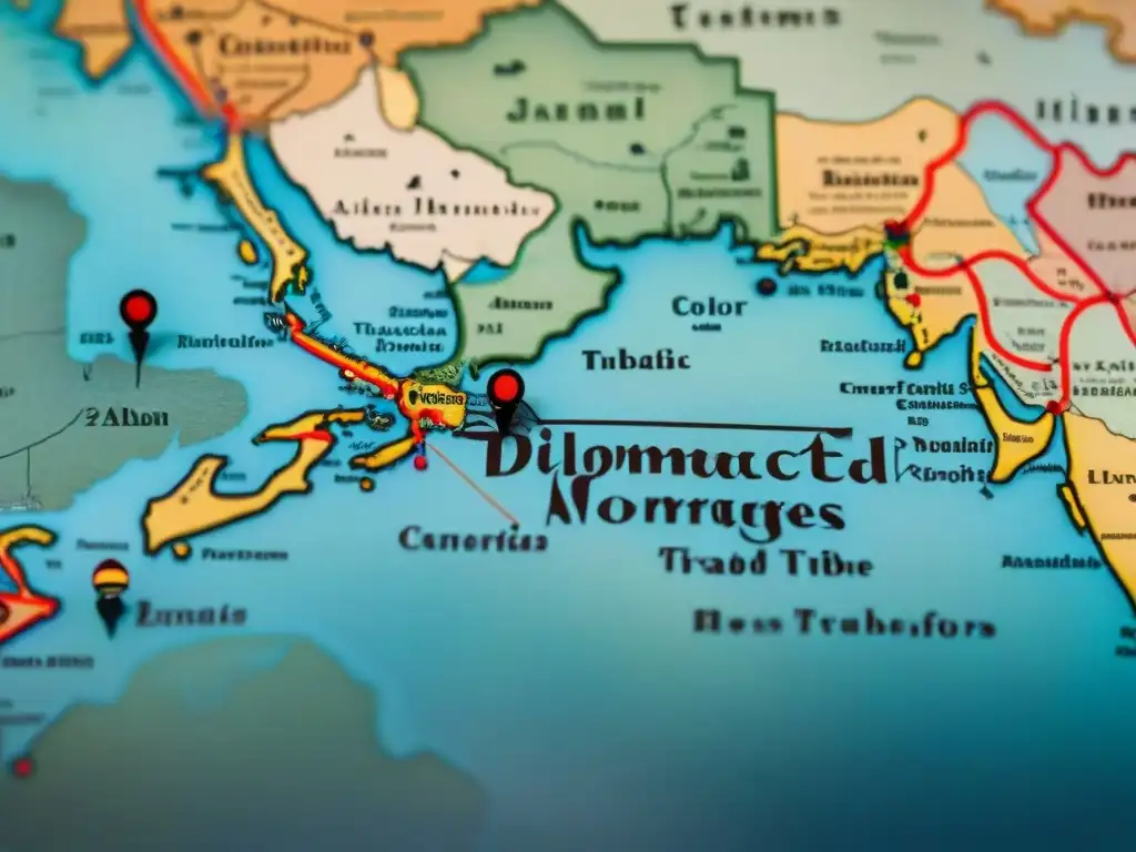 Un antiguo mapa detallado de las relaciones entre tribus nómadas históricas, con intrincadas alianzas y rivalidades entre clanes en la ruta comercial