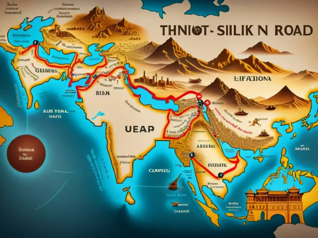 Antiguo mapa detallado de la Ruta de la Seda, resaltando ciudades comerciales y tribus nómadas