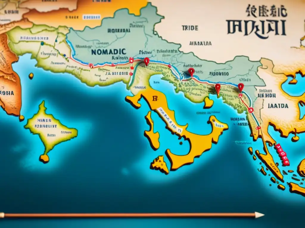 Mapa detallado de la Ruta de la Seda y tribus nómadas Un antiguo mapa detallado de la Ruta de la Seda con tribus nómadas, rosas de los vientos, criaturas míticas y justicia nómada