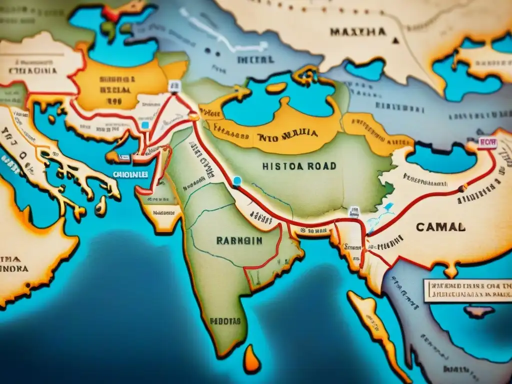 Un antiguo mapa detallado de la Ruta de la Seda con ilustraciones coloridas de camellos y mercaderes intercambiando bienes exóticos