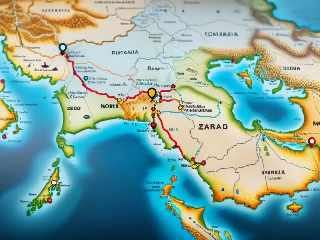 Un antiguo mapa detallado de la Ruta de la Seda con tribus nómadas, ciudades comerciales y elementos históricos