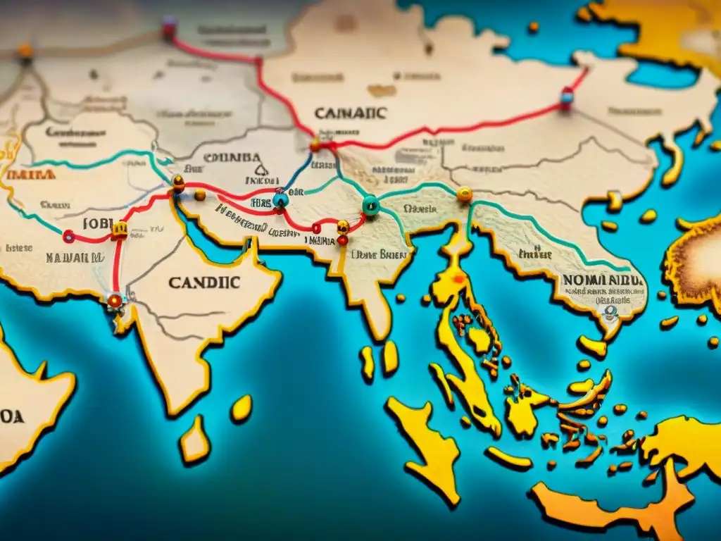 Un antiguo mapa detallado de la Ruta de la Seda con ilustraciones de tribus nómadas, camellos y caravanas, resaltando la historia de los antiguos viajes comerciales