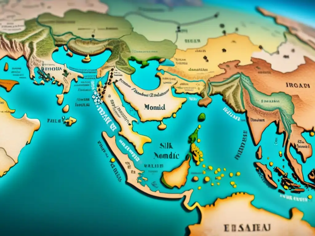 Un antiguo mapa detallado de la Ruta de la Seda con ilustraciones de culturas nómadas intercambiando bienes y culturas