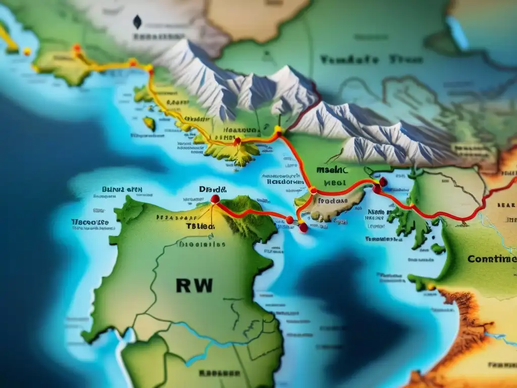 Un antiguo mapa detallado en 8k muestra las rutas migratorias de tribus nómadas, destacando la diversidad cultural