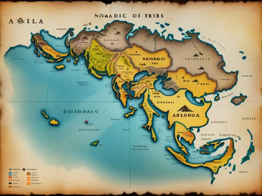 Antiguo mapa detallado de rutas comerciales de tribus nómadas, marcando puntos de interés cultural