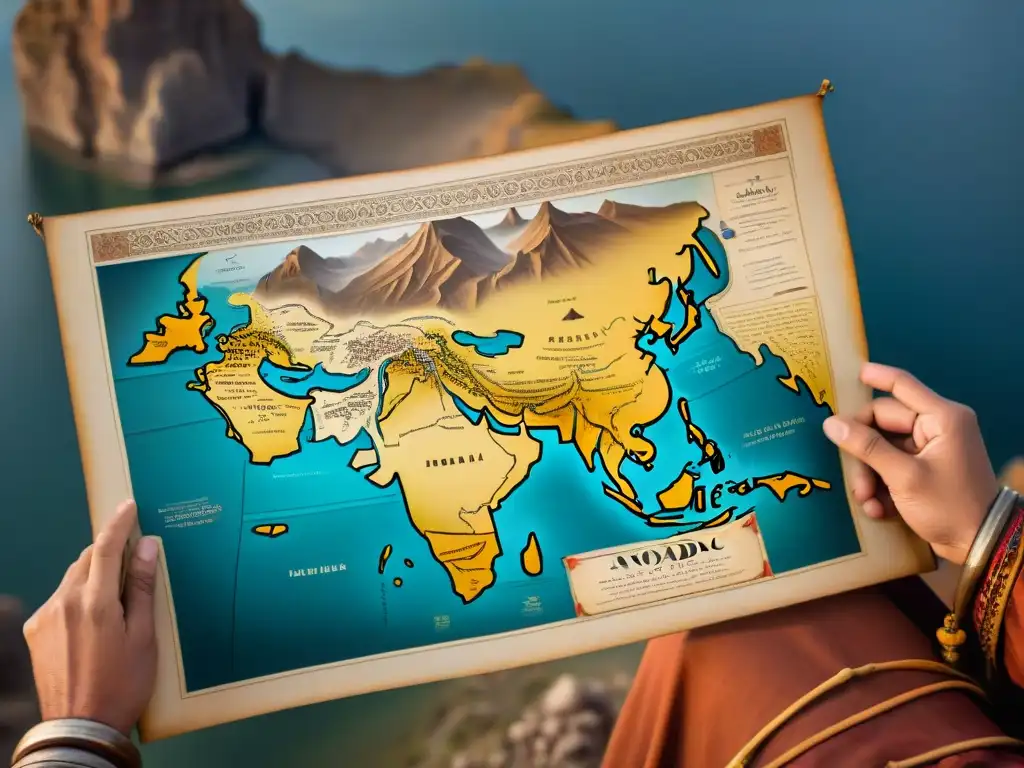 Antiguo mapa detallado de las rutas nómadas con herramientas esenciales, envejecido y lleno de historia tribus nómadas herramientas esenciales