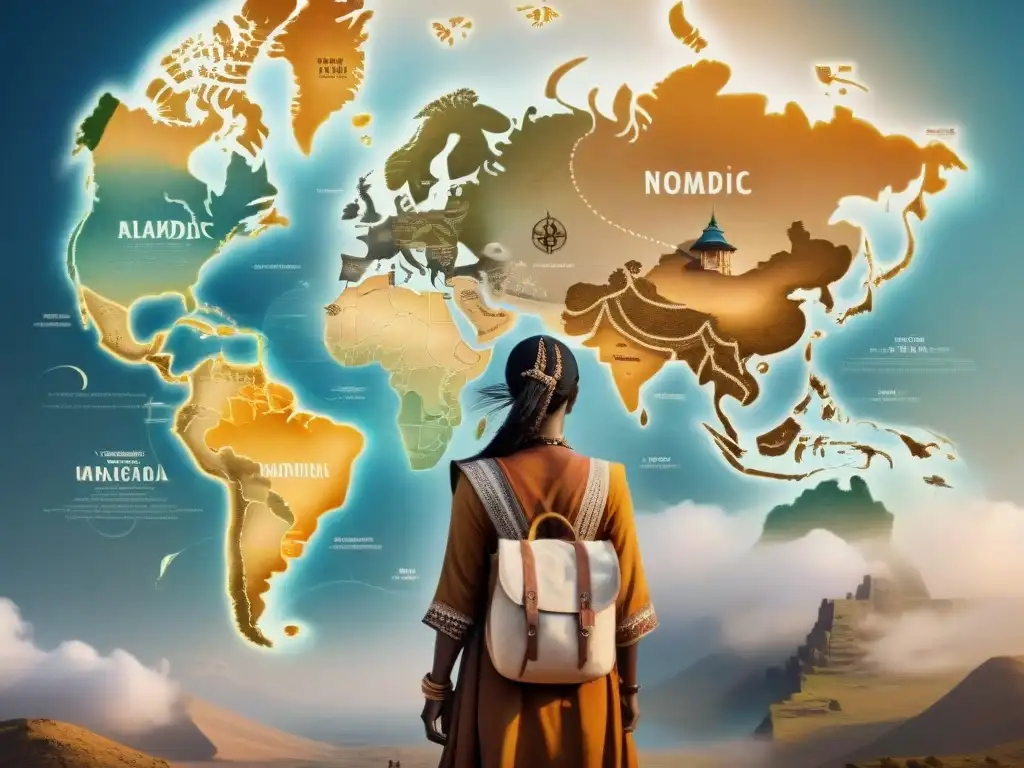 Un antiguo mapa detallado de rutas migratorias de tribus nómadas, adornado con símbolos místicos de protección