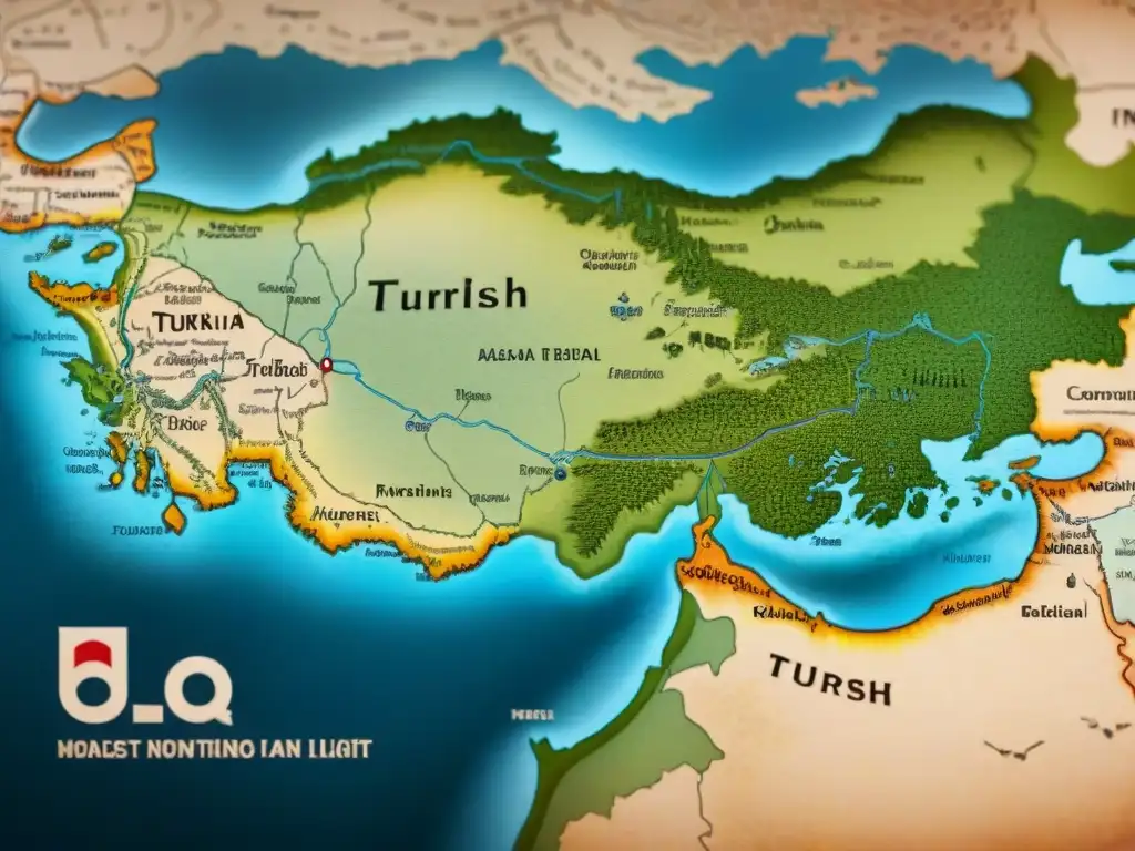 Un antiguo mapa detallado de rutas comerciales de tribus turcas, fusionando economía, cultura y tradición en una obra cautivadora