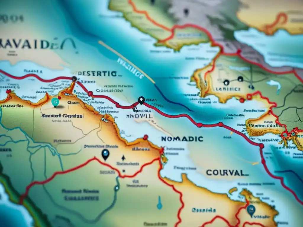 Un antiguo mapa detallado muestra rutas de comercio de culturas nómadas, con tonos terrosos y símbolos