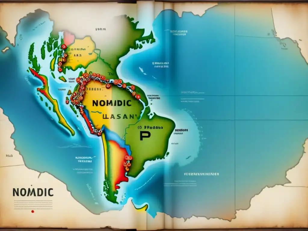 Un antiguo mapa detallado que muestra las rutas nómadas de tribus con símbolos tradicionales y colores vibrantes, reflejando su historia