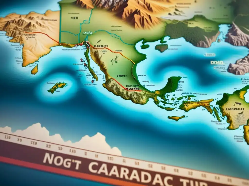 Un antiguo mapa detallado de las rutas comerciales de tribus nómadas, fusionando influencias culturales orientales y occidentales