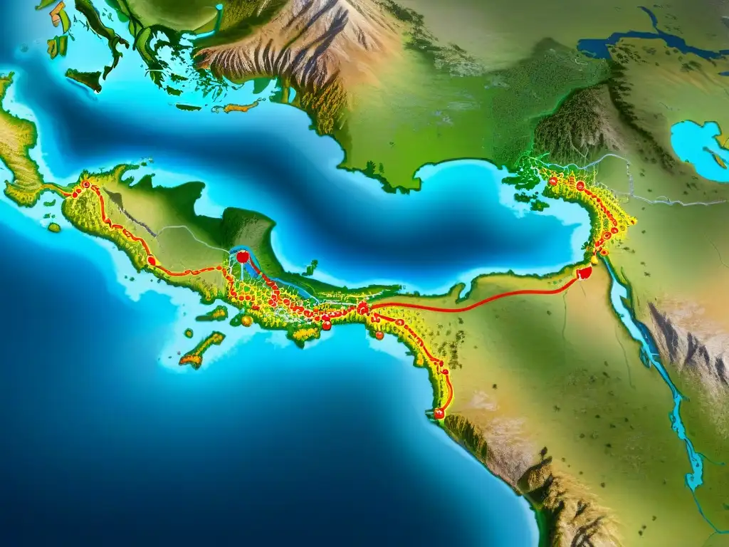 El antiguo mapa detallado muestra las rutas comerciales transcontinentales de mercaderes nómadas con caravanas y paisajes exóticos