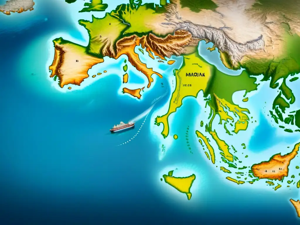 Antiguo mapa detallado de rutas comerciales de tribus nómadas marítimas, ilustrando intercambios de bienes exóticos