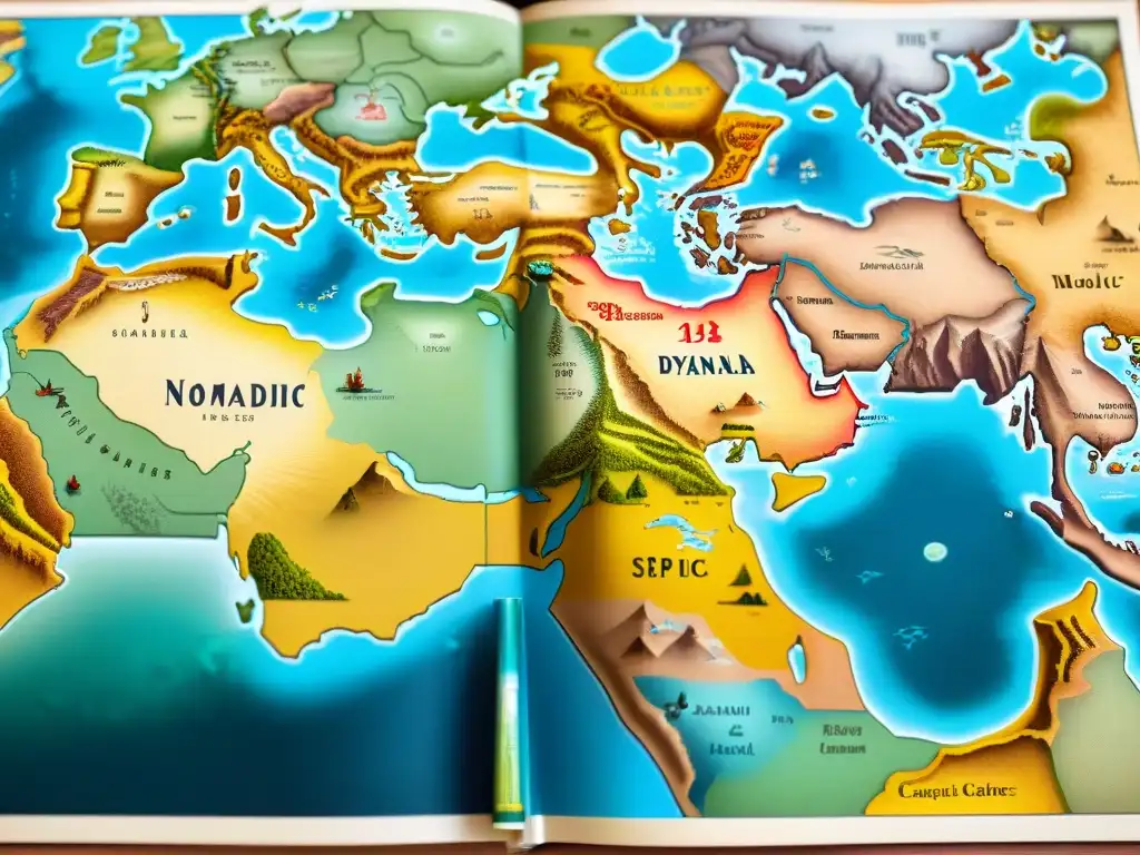 Un antiguo mapa detallado de rutas comerciales de dinastías nómadas, con tonos de pergamino y adornos dorados, mostrando el comercio de tesoro