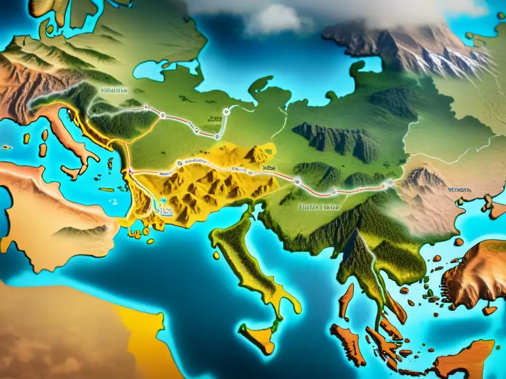 Un antiguo mapa detallado de las rutas comerciales de los escitas en Eurasia, evocando intercambios económicos entre dinastías nómadas