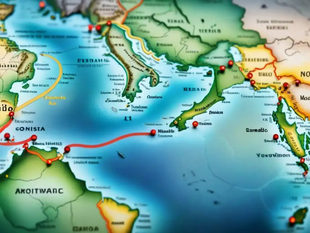 Un antiguo mapa detallado de las rutas de migración de tribus nómadas a lo largo de la historia, mostrando culturas y paisajes diversos