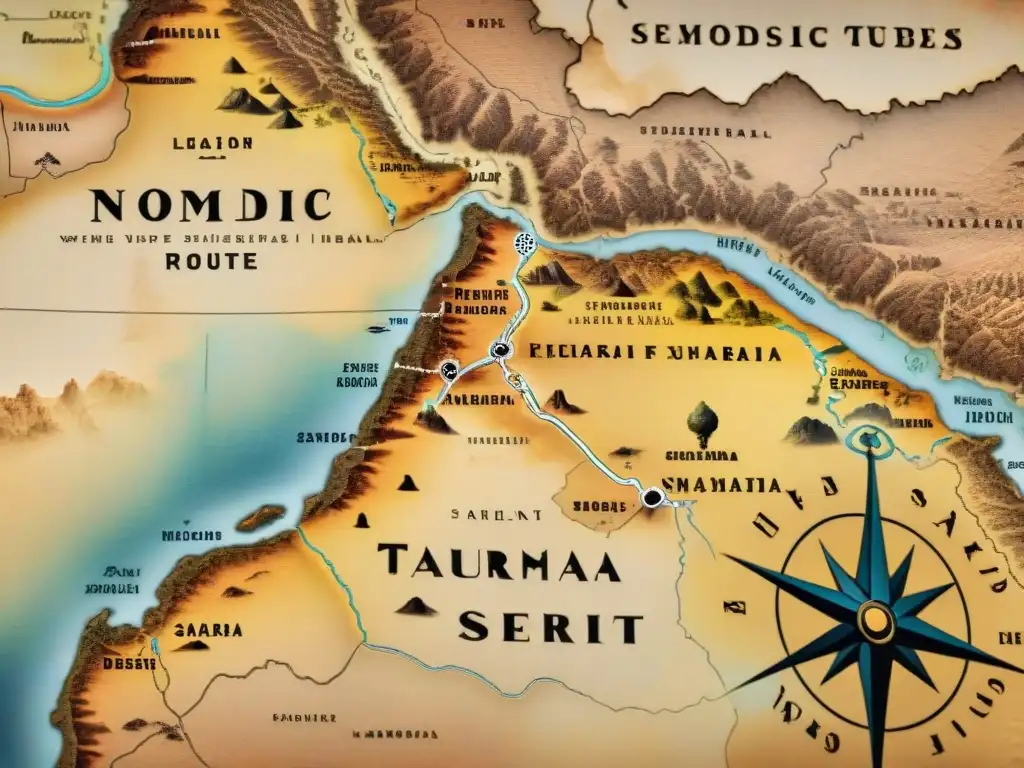 Un antiguo mapa detallado de las rutas migratorias de la tribu nómada Tuareg en el desierto del Sahara, adornado con rosas de los vientos y dibujos de camélidos y zorros del desierto