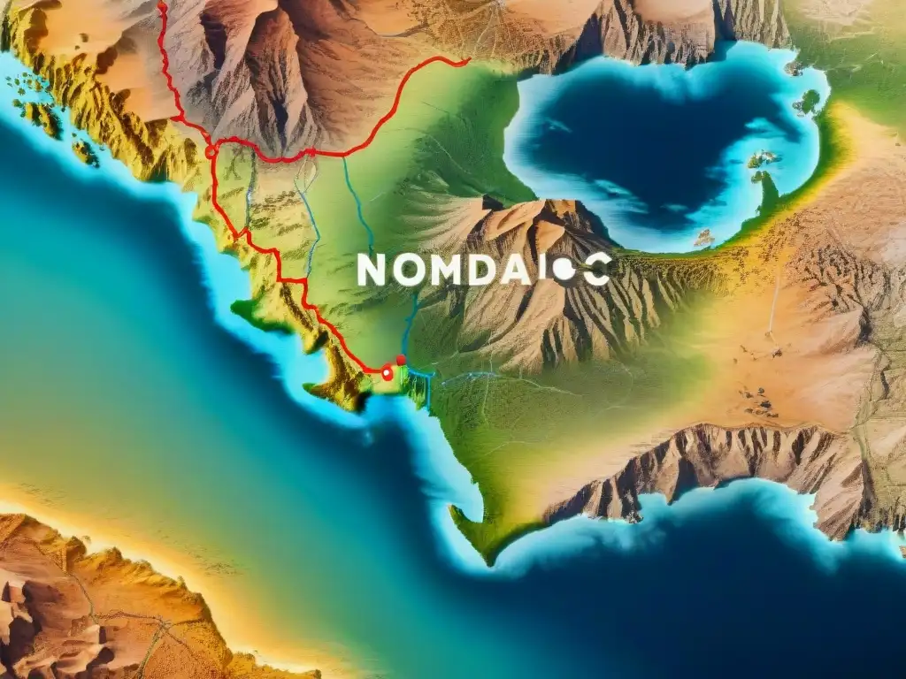 Antiguo mapa detallado de rutas nómadas en desiertos, montañas y oasis, revelando tácticas nómadas de velocidad y sorpresa