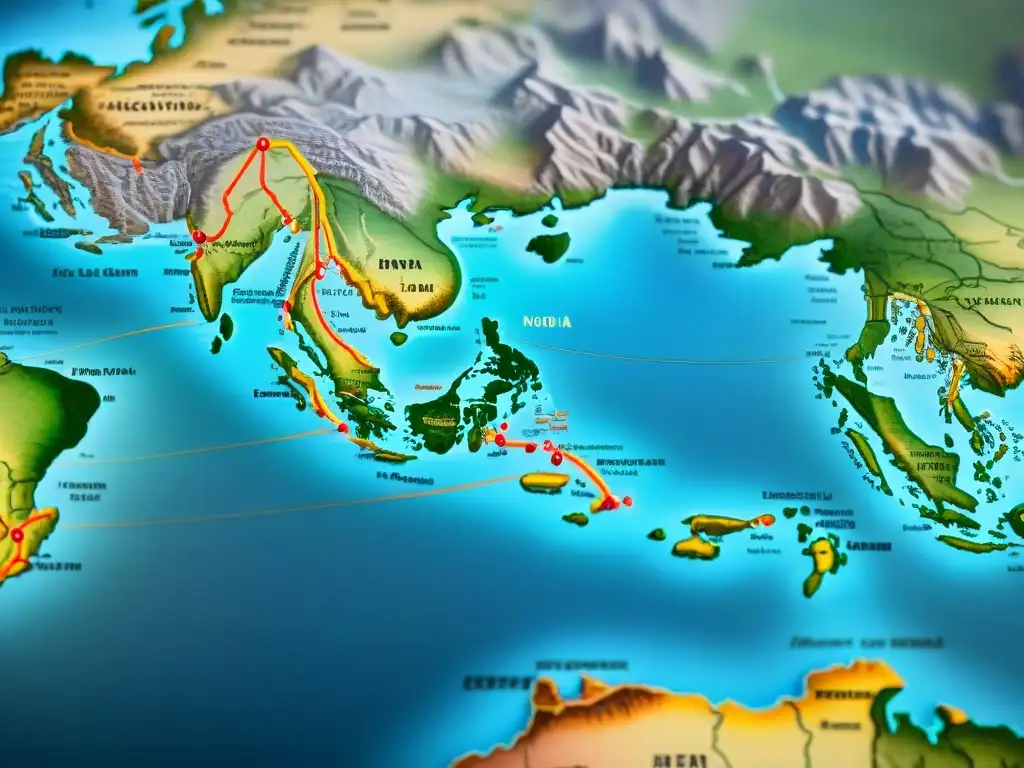 Mapa antiguo de rutas comerciales de tribus nómadas Antiguo mapa detallado con rutas comerciales tribus nómadas entre terrenos variados y símbolos antiguos evocando historia y aventura