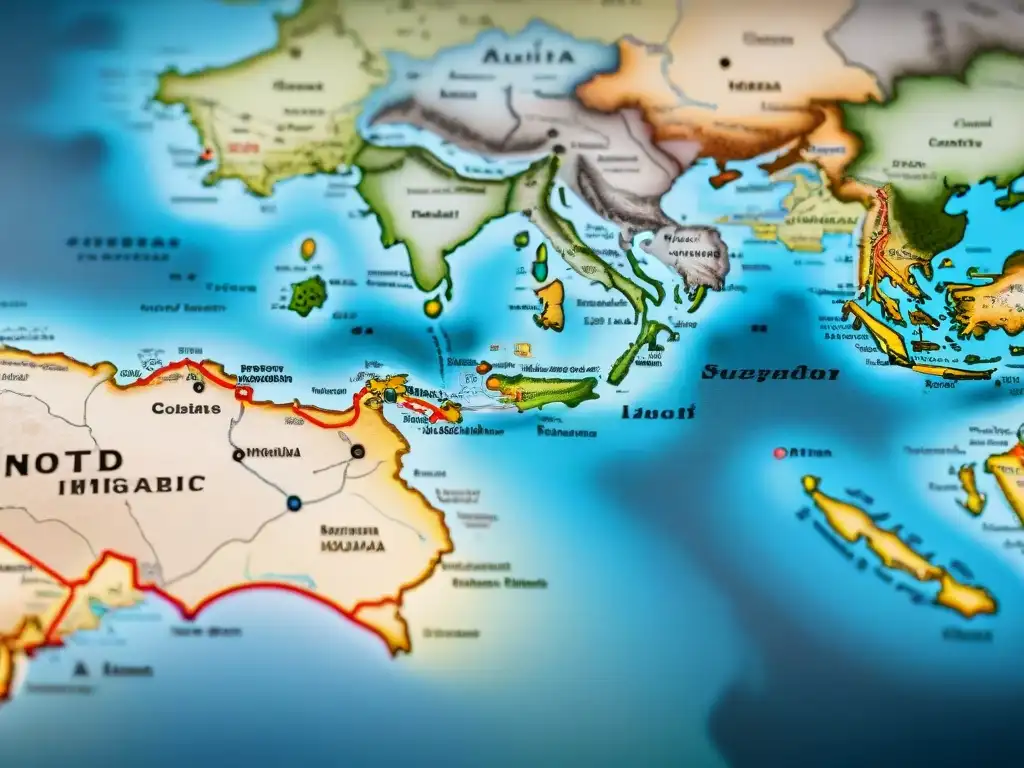 Un antiguo mapa detallado que muestra las rutas de migración de tribus nómadas, con patrones culturales y paisajes envejecidos