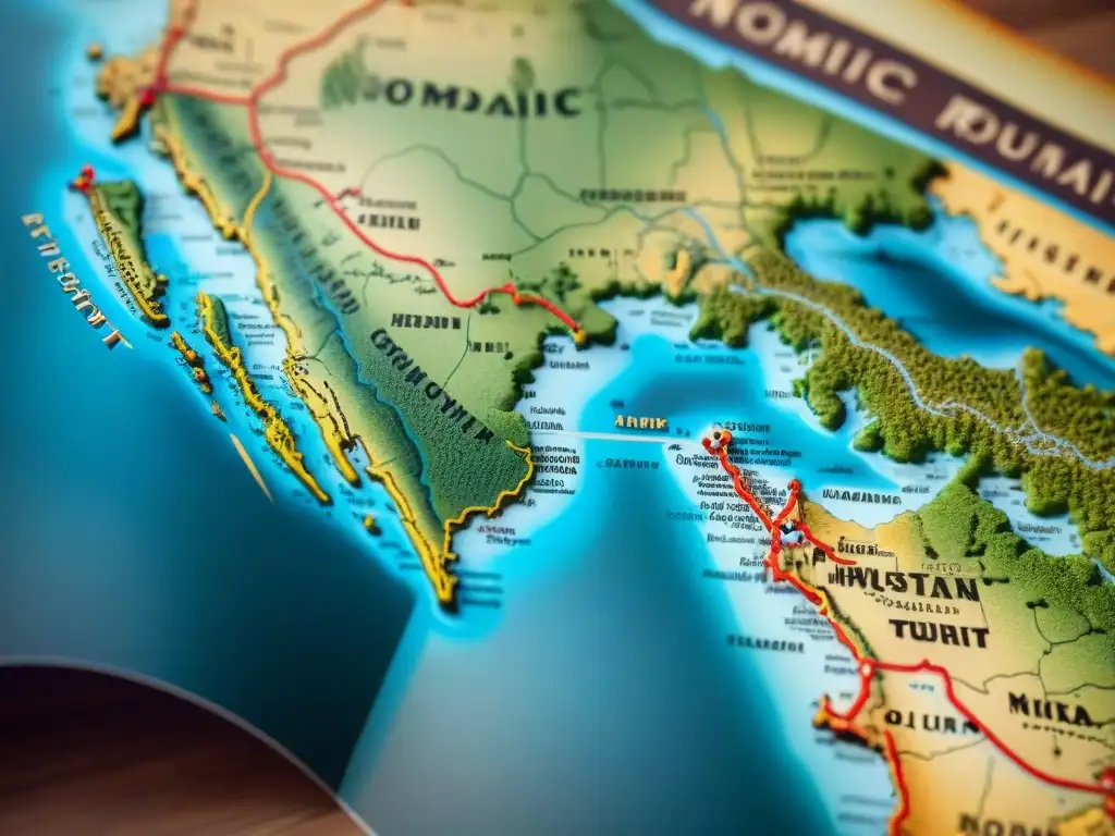 Un antiguo mapa detallado que destaca rutas nómadas en tonos terrosos, evocando movimientos contemporáneos de vida nómada