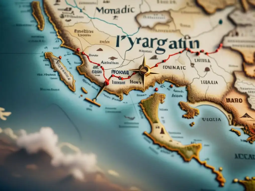 Mapa detallado de migraciones de tribus nómadas - Historia en movimiento Un antiguo mapa detallado con rutas de migración de tribus nómadas, símbolos variados y tonos sepia