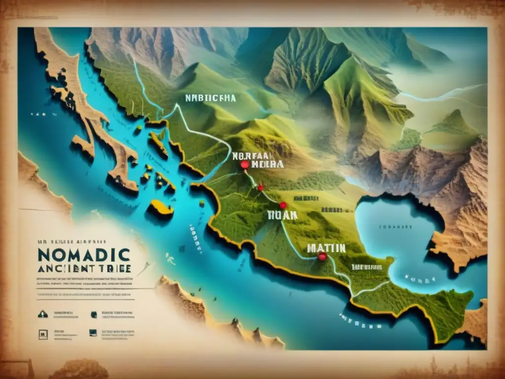 Antiguo mapa detallado de rutas nómadas, con vestigios de historia y cultura en tonos terrosos y caligrafía delicada