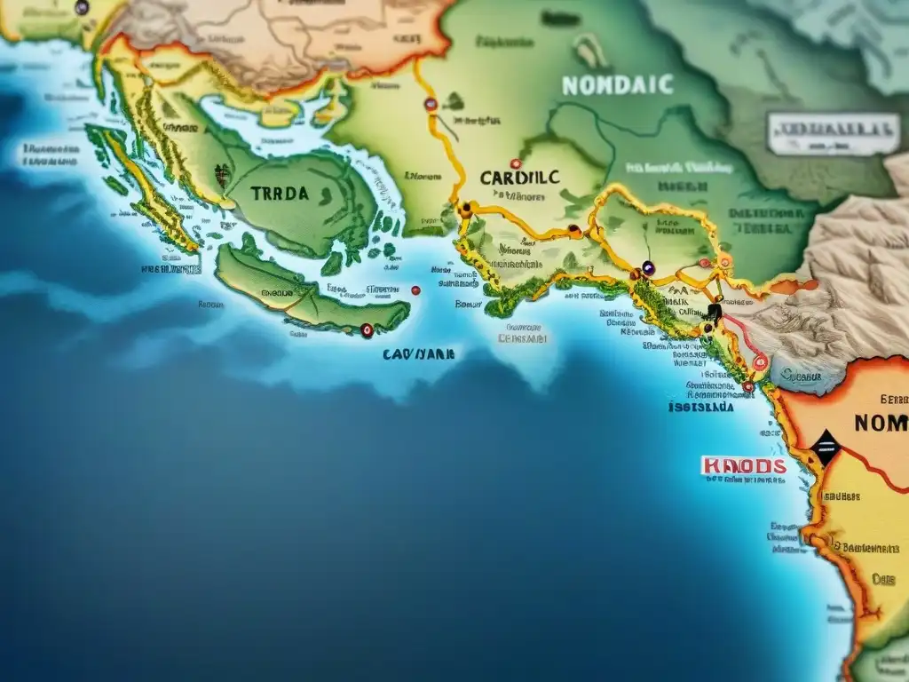 Un antiguo mapa detallado que muestra las rutas comerciales y diplomáticas entre tribus nómadas y reinos sedentarios