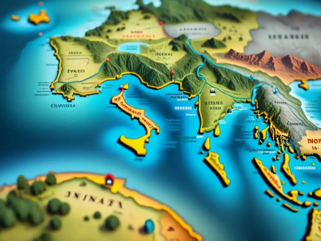 Antiguo mapa detallado de rutas comerciales entre civilizaciones nómadas y sedentarias, mostrando la transmisión de saberes entre nómadas