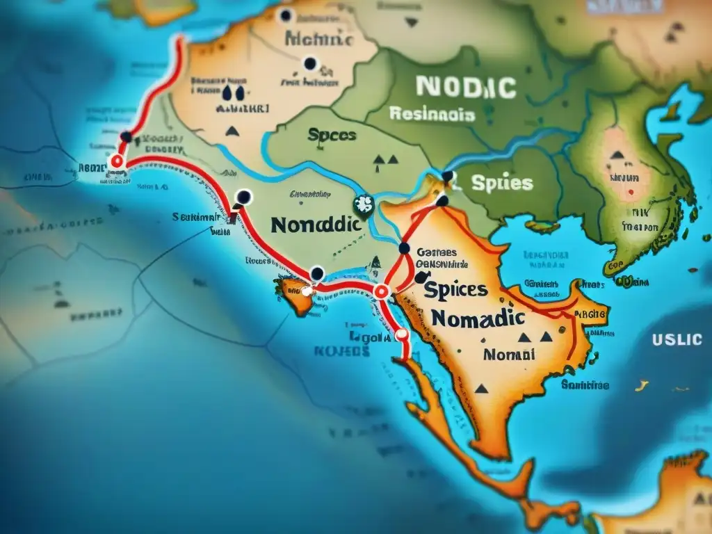 Mapa antiguo de rutas comerciales de tribus nómadas Antiguo mapa detallado de rutas comerciales de tribus nómadas, con símbolos de especias, textiles y ganado en líneas punteadas
