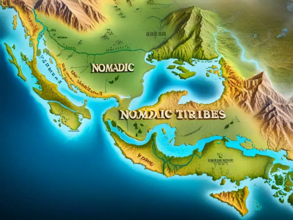 Antiguo mapa detallado de rutas de tribus nómadas con símbolos de campamentos y fuentes de agua