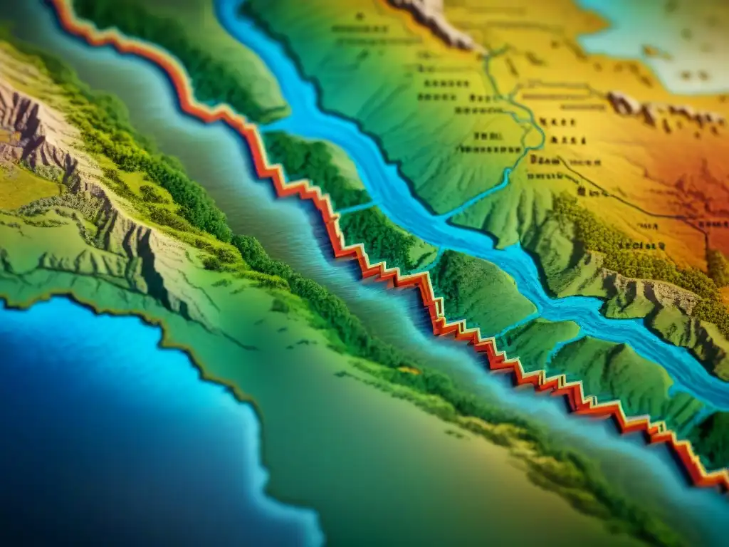 Un antiguo mapa detallado con rutas influenciadas por tribus nómadas, resaltado con colores vibrantes